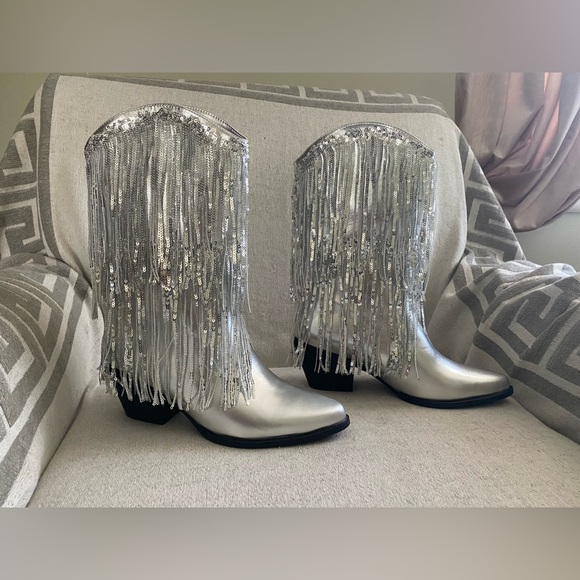 New Fringe Shiny Silver Cowboy Cowgirl Boots Metallic Pointed Toe Tassel Heel - Picture 11 of 16